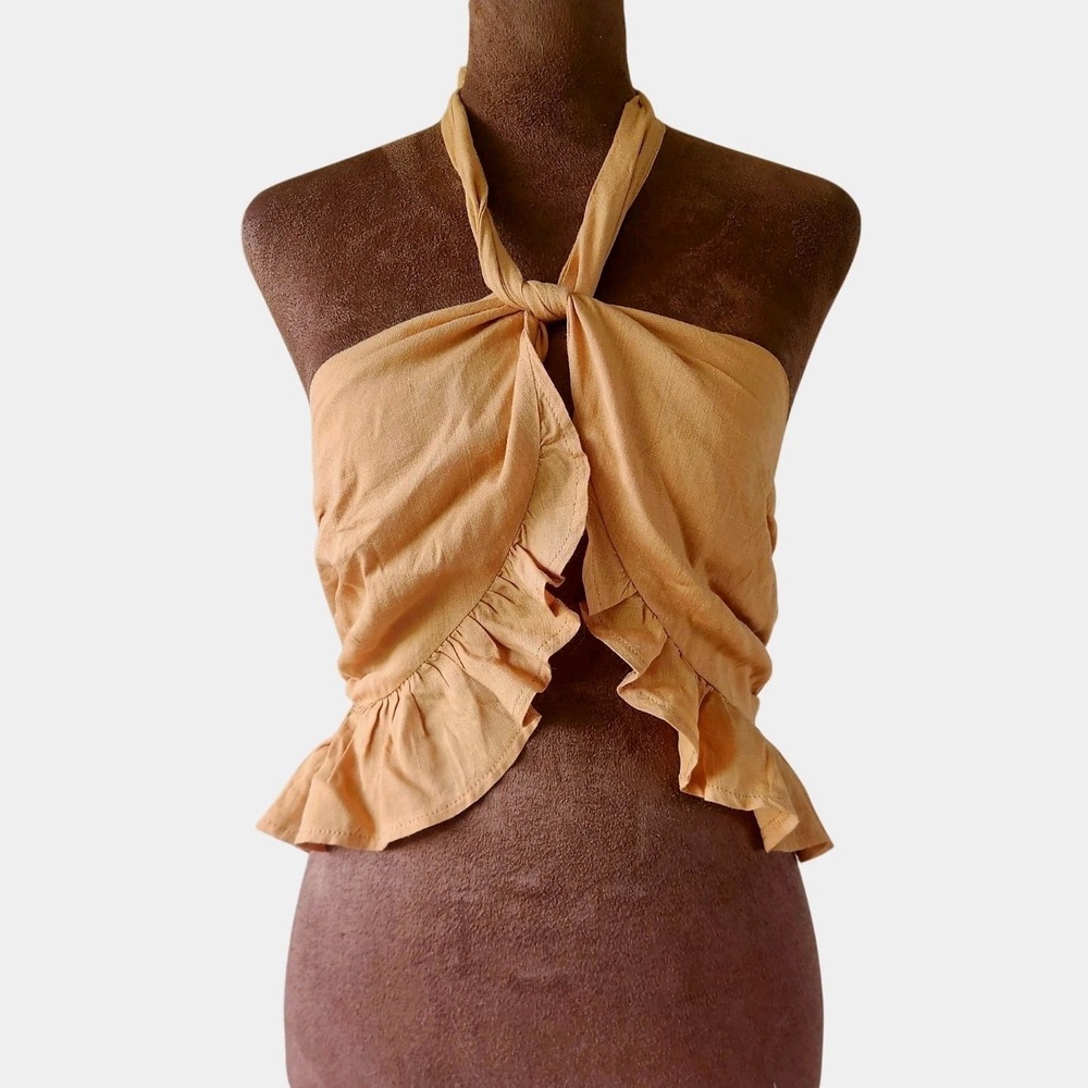NWT 12th‎ Tribe Crop Top Halter Mustard Yellow Ruffle Hem Boho Festival Summer S